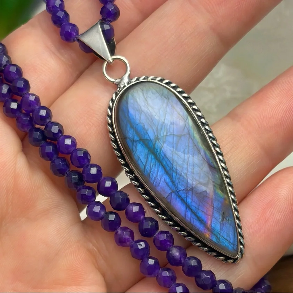 Purple Labradorite Pendant Necklace Boho Southwest Sterling Silver 925 Overlay - Picture 3 of 8